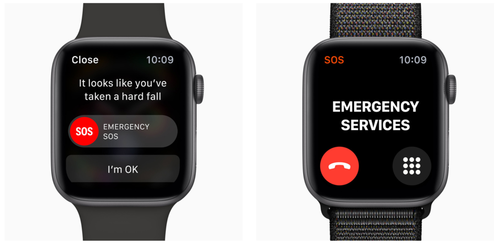 Apple Watch, showing Fall detection and SOS