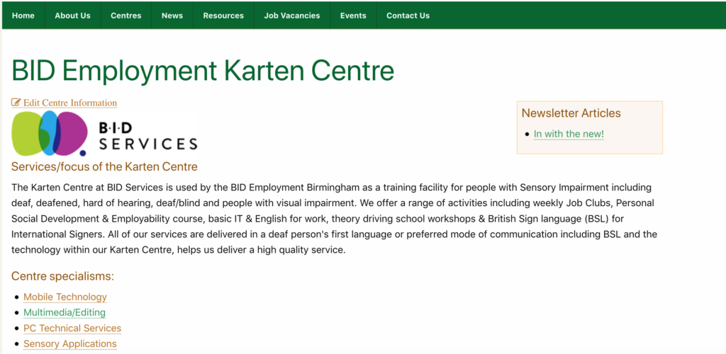 Screenshot of the updated centre page