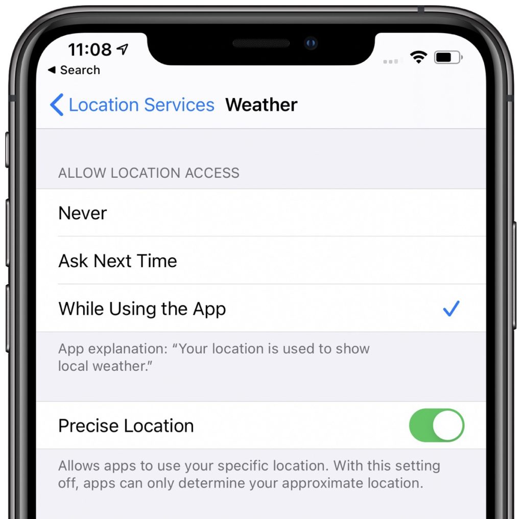iOS 14 displaying the use of non-specific location data 