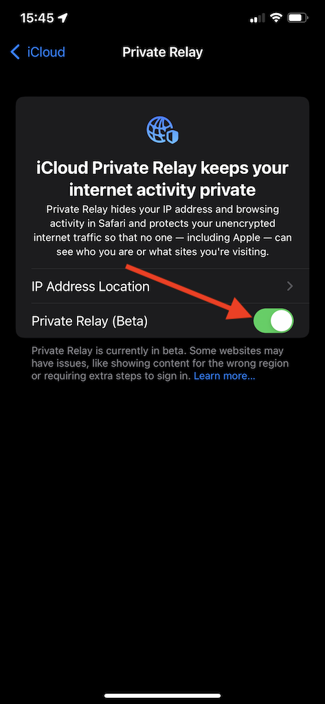 A screen shot showing the iCloud Private Relay settings. An arrow is pointing to the fact that this option has been enabled.