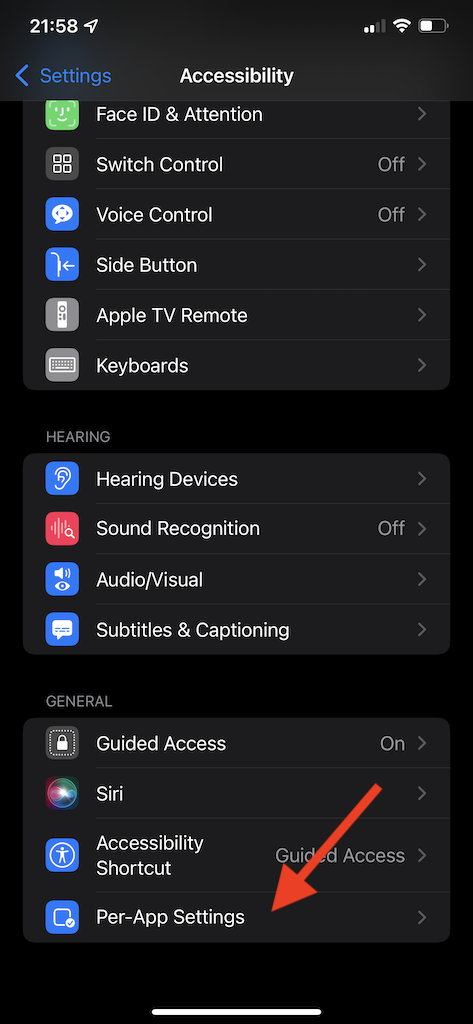 Screen shot of the Accessibility settings. An arrow is pointing to the "Per-App Settings" option.  