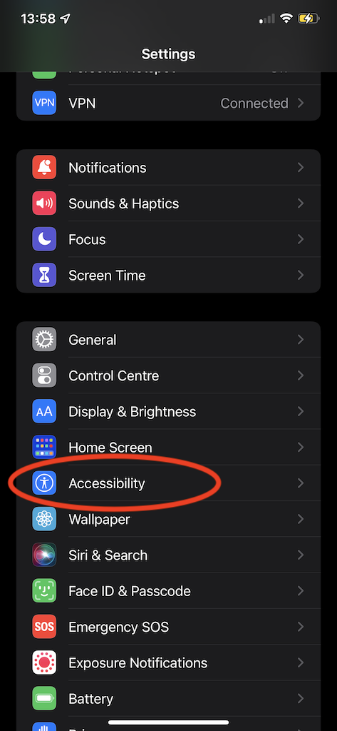Screen shot of the settings app with the "Accessibility" settings being highlighted. 