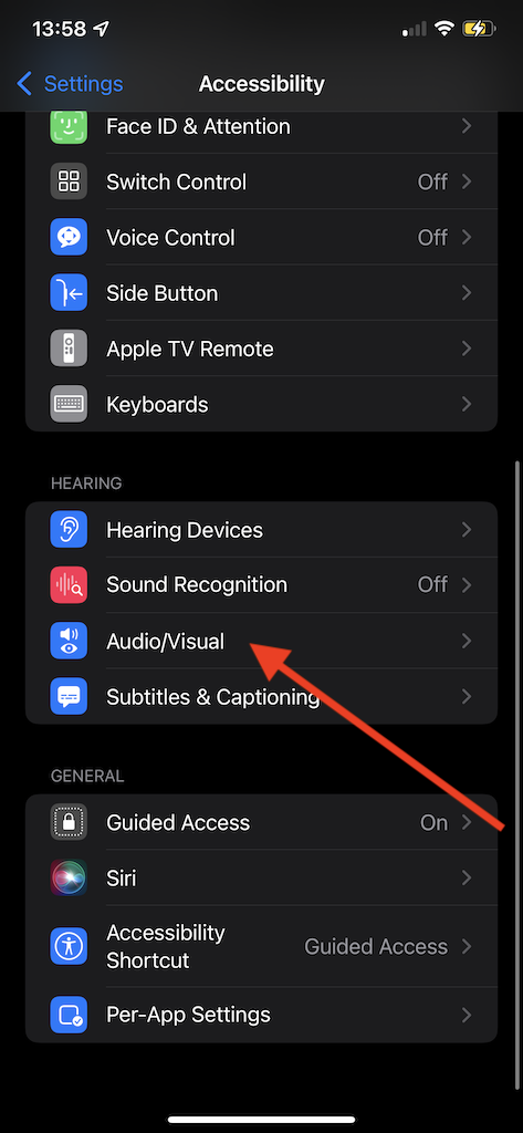 Screen shot of the Accessibility settings. An arrow is pointing to the "Audio/Visual" option.  