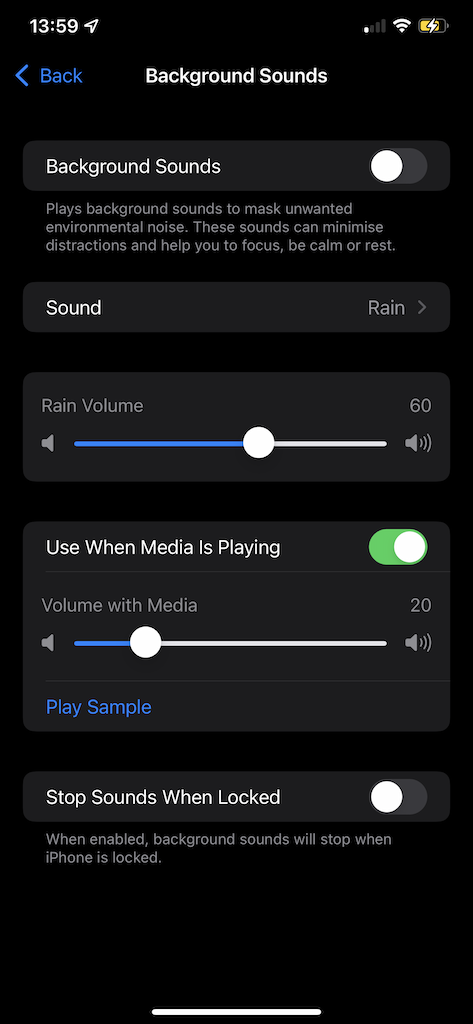 Screen shot of the "Background Sounds" settings.