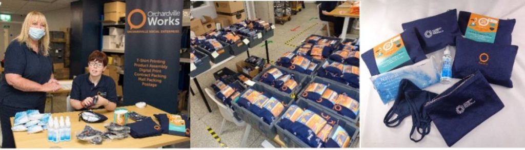 A series og photos showing staff and student producing branded  sanitiser packs 
