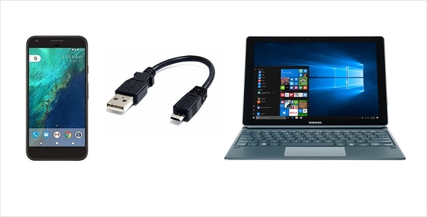 A mobile phone and laptop computer with a cable to connect the two