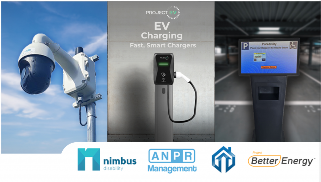 Three images showing a mounted CCTV camera, an electric vehicle charging point, and a ParkAbility kiosk 