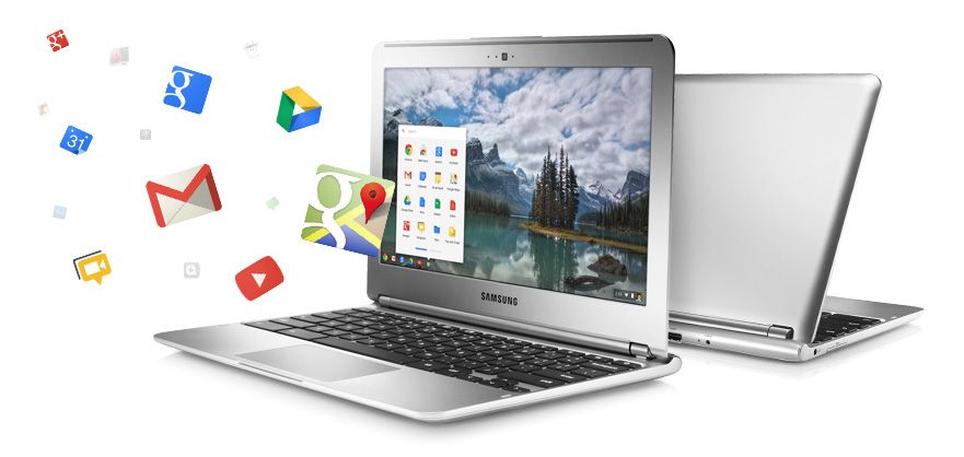 Two Chromebooks, one depeecting various apps flying out of it