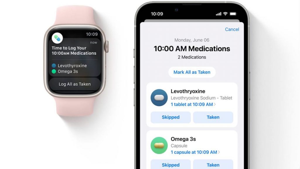 Screenshots of the Medication tracking app being shown on an iPhone and Apple Watch