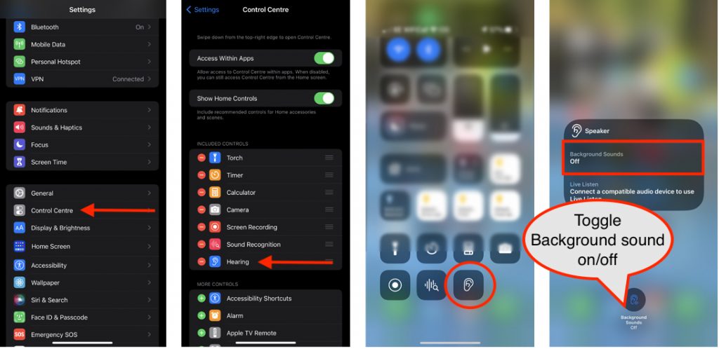 Screen shots show how to add the Hearing option to the Control Centre - description in the text