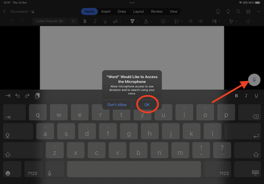 Screen shot showing where to locate and start Dictation using the Word app on iPad