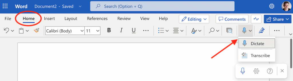 Screen shot showing where to locate and start Dictation using the online version of Word in a web browser