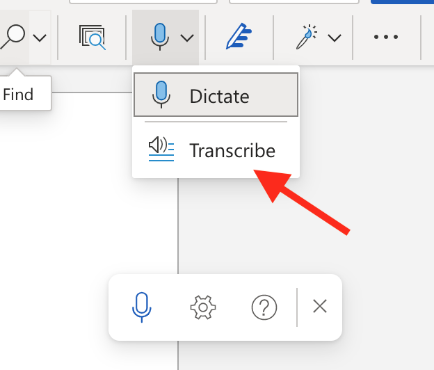 Screen shot showing where to locate and start Transcibe using the online version of Word in a web browser