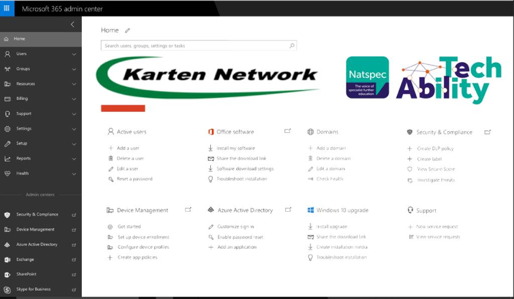 Screenshots of the Microsoft365 admin centre with the Karten Network and TechAbility logos superimposed 