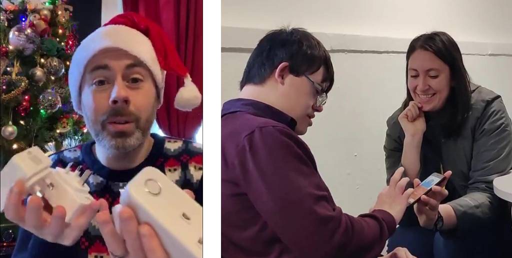 Two photos, one of Sean Connolly wearing a christmas hat and holding smart plugs. The other of Geena Vabulas holding a mobile phone, sitting with a young man showing hime how to use the voiceitt app