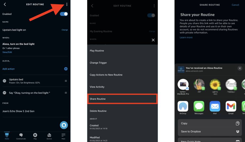 Screenshots from the Alexa app showing, how to share a routine