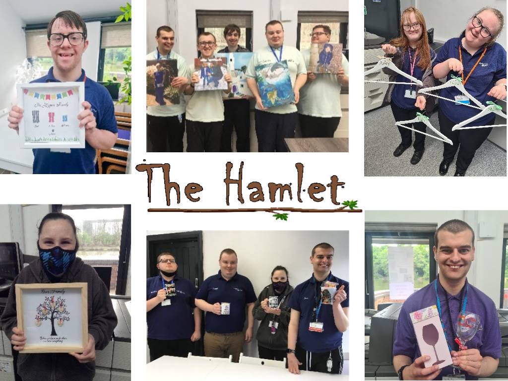 A collection of photos of students from The Hamlet holding up various examples of their design and printing products