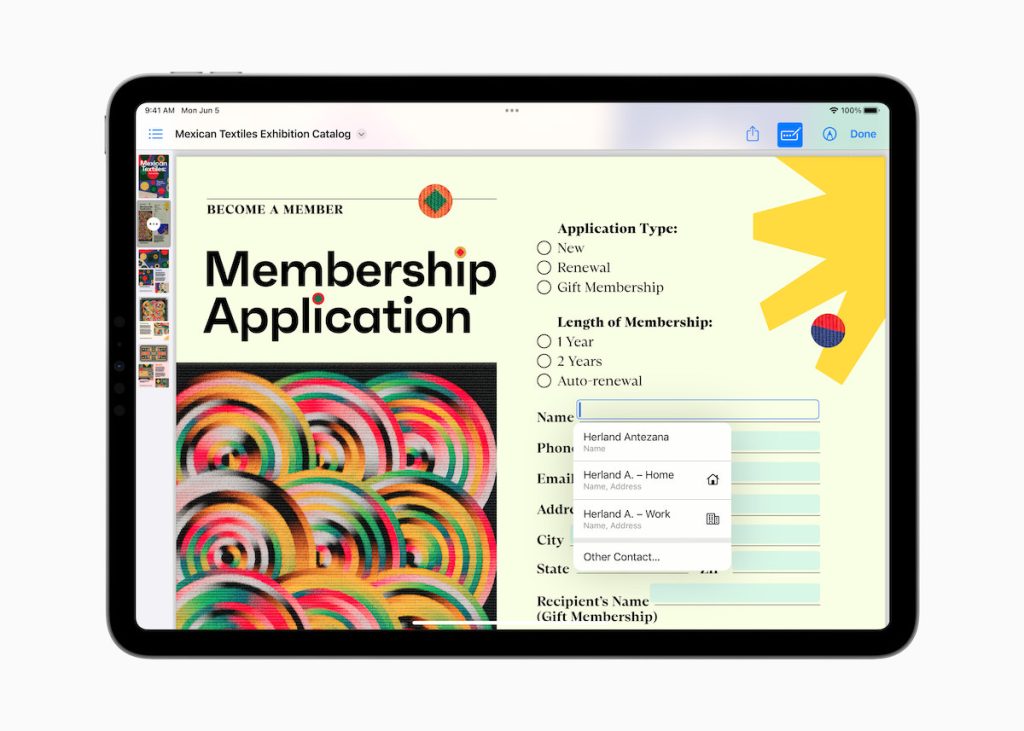 iPad Pro shows AutoFill in a PDF for a membership application