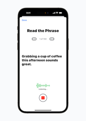 An iPhone showing the a "read the Phrase" screen for the new Personal voice feature in ios 17 feature