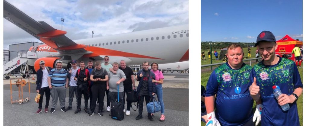 Two images - football team standing on the runway in front of a airplane. And two men in their football kit 