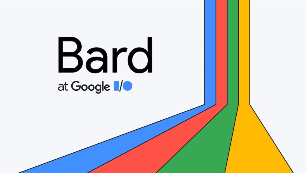Text reads "Bard at Google I/O, next to four multicolored stripes