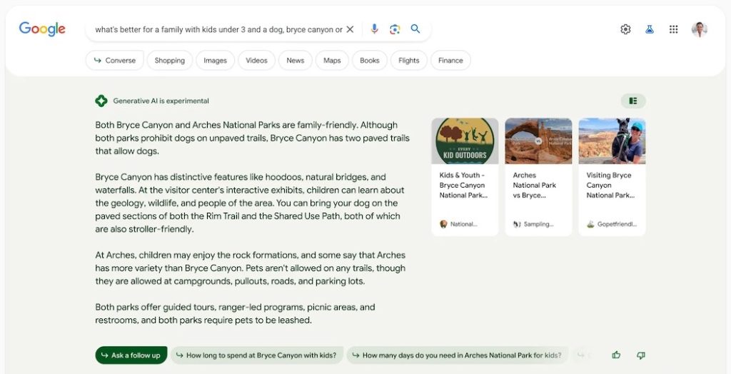 Screenshot of a browser showing User asking SGE to evaluate two national parks that are best for young kids and a dog