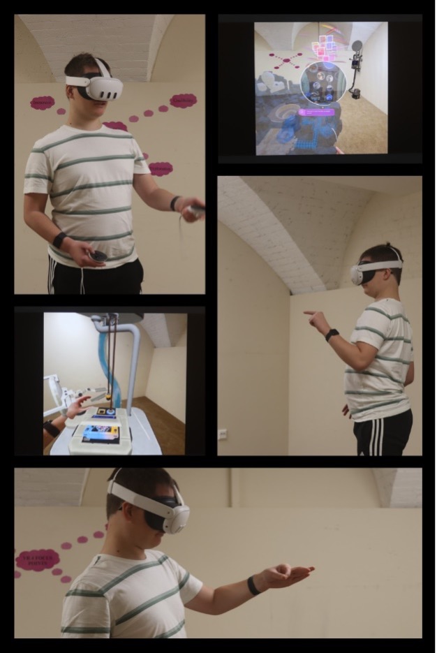 Various photos of a young man wearing a VR headset and interacting with virtual reality