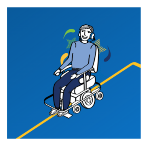 A cartoon of a person on a wheelchair following a yellow line on the floor.