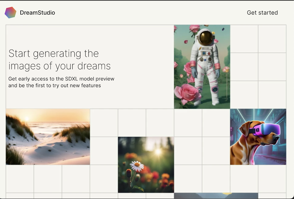 Screenshot of the DreamStudio homepage