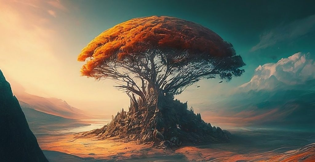 A futuristic scene with an orange leafed tree growing out of a pile of spiky rocks. This image was generated by AI.