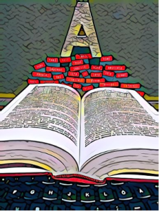 A black keyboard at the bottom of the picture has an open book on it, with red words in labels floating on top, with a letter A balanced on top of them. The perspective makes the composition form a kind of triangle from the keyboard to the capital A. The AI filter makes it look like a messy, with a kind of cartoon style.
