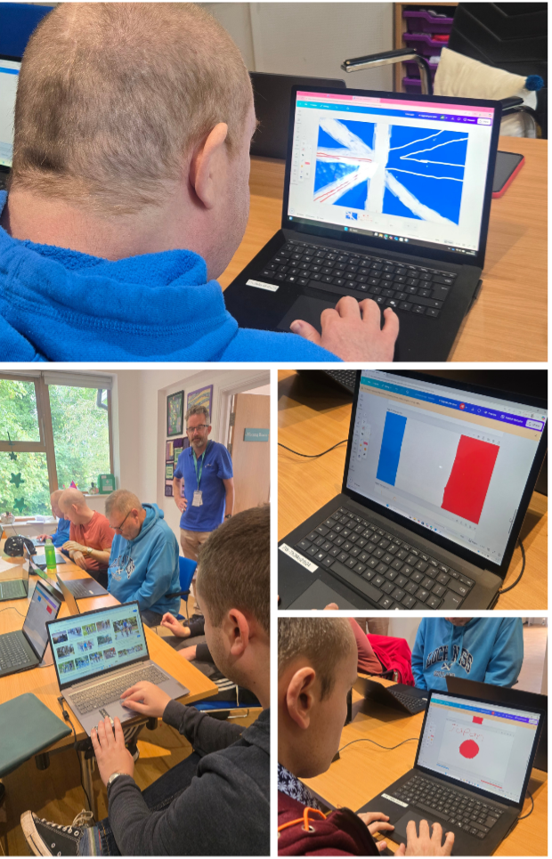 Group of learners creating national flags using design software on laptops during an accessible IT session.