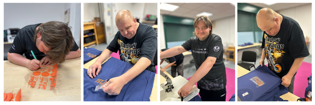 Four photos showing members of the print team working on custom T-shirts for The World of Glass campaign. Activities include heat pressing orange text onto blue fabric and positioning the designs carefully.