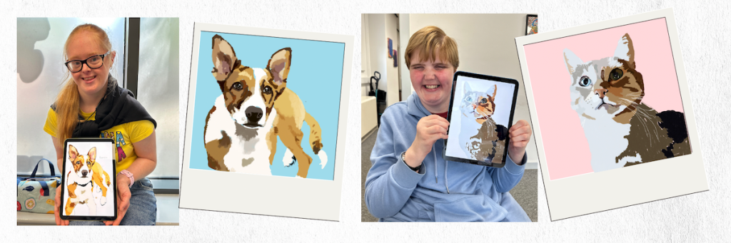 Buzz Hub members proudly display their digital pet portraits created for Max’s Legacy, showcasing colourful artwork of rescue dogs and cats on tablets and printed formats.