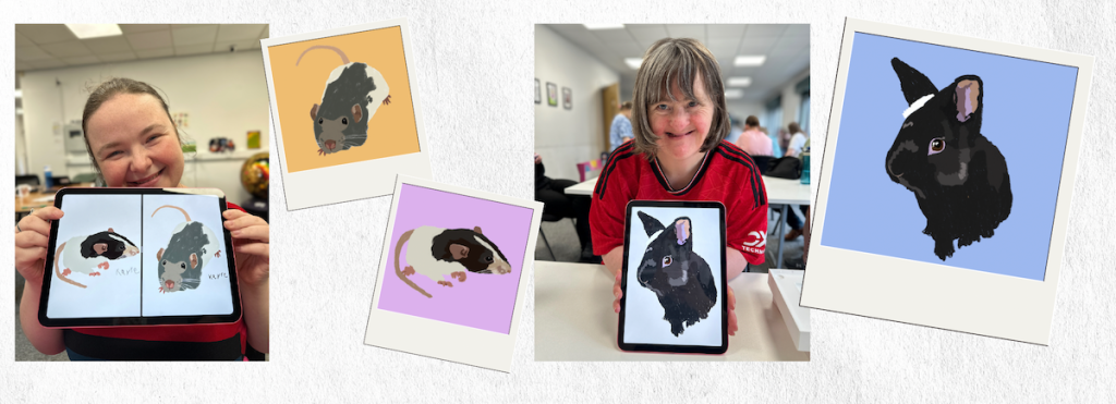 Buzz Hub artists proudly present their digital pet portraits of rescue rats and rabbits, displayed on tablets and colourful prints, as part of a magnet-making project for Max’s Legacy.”