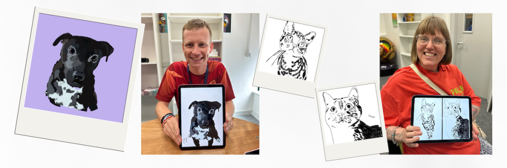 Buzz Hub members proudly display their digital pet portraits on tablets, featuring striking dog and cat illustrations created for Max’s Legacy fundraising magnets.
