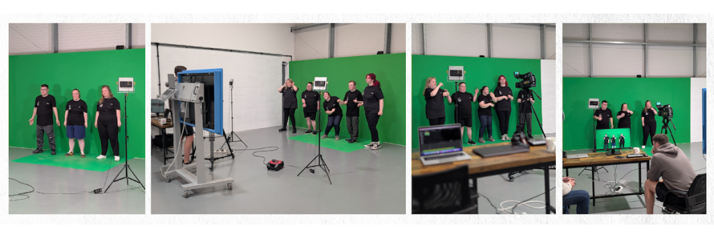 Performers and crew from the Everyone Move Collective filming in front of a green screen, using Makaton and dance for a creative video project.