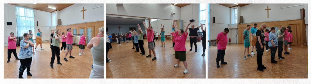 Buzz Hub performers rehearsing dance routines together in a church hall, showcasing teamwork, energy, and inclusion.