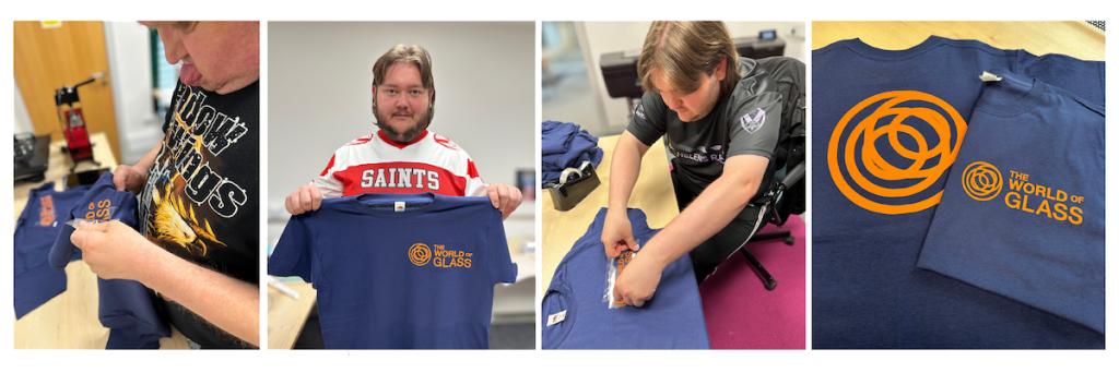 Four images showing the process and outcome of creating custom T-shirts for The World of Glass campaign. Includes team members heat pressing, holding up finished shirts, and a close-up of the final navy T-shirt with bold orange logo.”