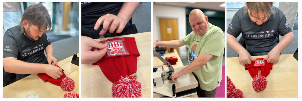 Four images showing the Buzz Print Team creating winter hats for FC St Helens. The team carefully assembles red bobble hats featuring the club’s badge, using heat-press equipment and hand-finishing techniques.
