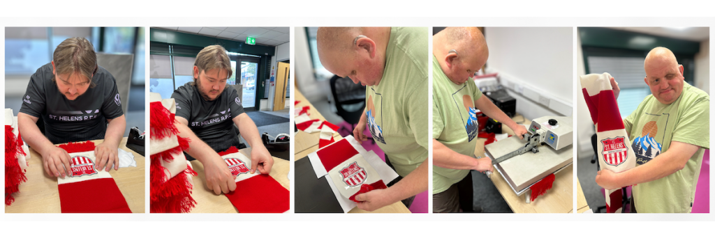 Five photos showing Buzz Hub team members creating FC St Helens bobble hats. The process includes assembling red hats, adding white crests, and using a heat press to apply logos.
