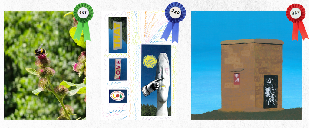 Winning entries from the Youth Open Art Competition: a close-up photo of a bee on a pink flower (1st place), colourful mixed media artwork featuring positive words and a sculpture (2nd place), and a painting of a brick building against a blue sky (3rd place).