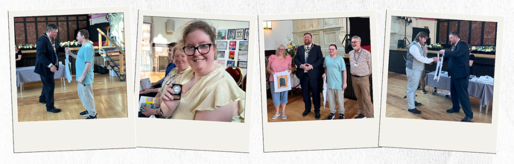 Buzz Hub artists proudly receiving their awards at the Youth Open Art Competition, including close-ups of trophies and group shots with event organisers and local officials.