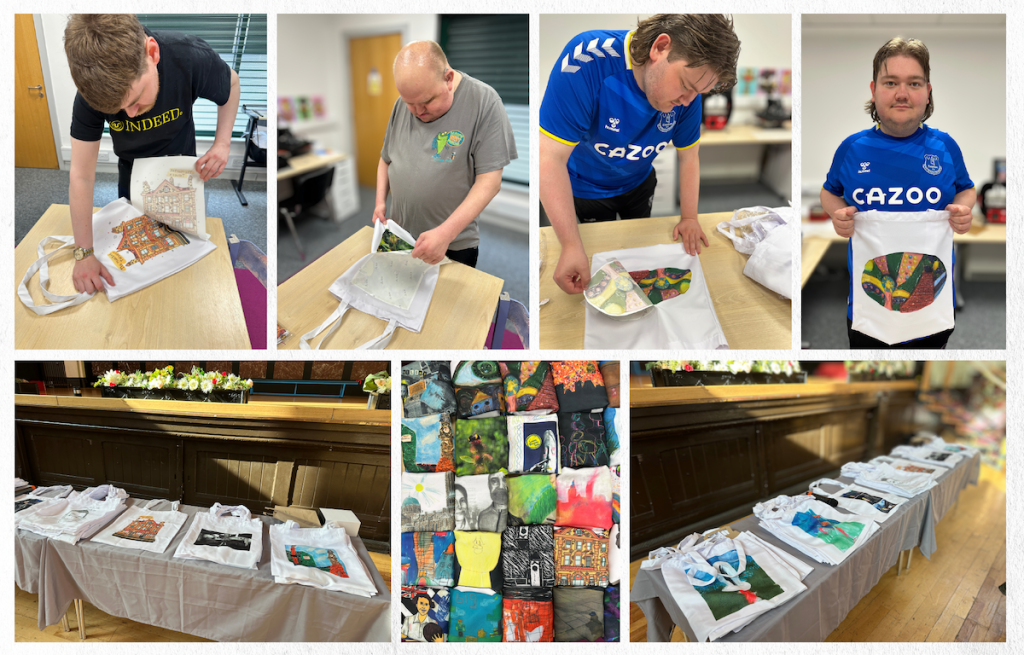 Buzz Hub team members proudly displaying their hand-printed tote bags featuring colourful artwork, with additional images showing a vibrant exhibition of the completed designs laid out on tables and displayed in a hall.
