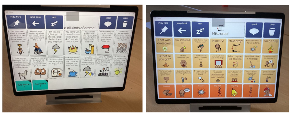 Two communication devices displaying custom AAC pages filled with expressive phrases, used by students during the Sense College Rap Battle.