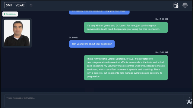 Screenshot of a VoXAI-style chat interface with a small photorealistic avatar on the left and a text conversation on the right, including a question “Can you tell me about your condition?” and a response describing ALS