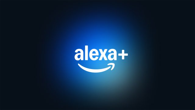 The Alexa+ logo in white on a dark blue background, with the Amazon smile icon beneath the text.