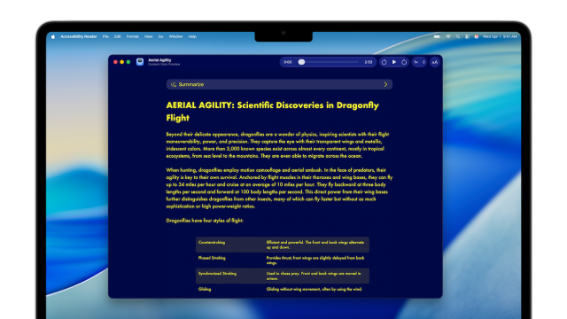 Accessibility Reader on Mac displaying an article titled 'Aerial Agility: Scientific Discoveries in Dragonfly Flight' in high-contrast yellow text on a dark navy background, with a Summarize button, audio playback controls, and reading customisation options along the top. A table further down lists four dragonfly flight styles with brief descriptions.