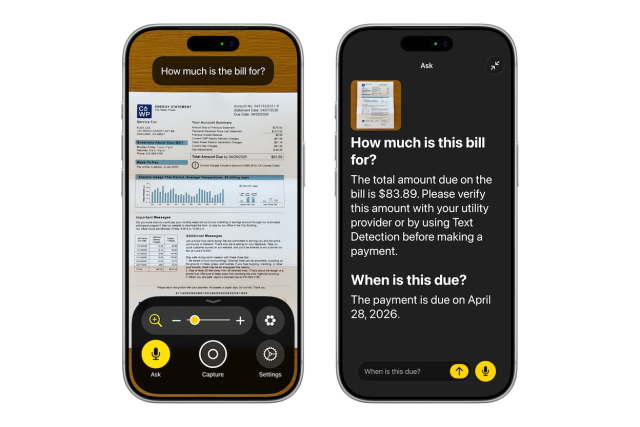 Two iPhone screens showing Magnifier's Ask feature. The left screen shows the camera pointed at a paper utility bill with the question 'How much is the bill for?' typed above it. The right screen shows the answer: the total due is $83.89, with a caution to verify the amount before paying, followed by a second question and answer confirming the payment is due on April 28.