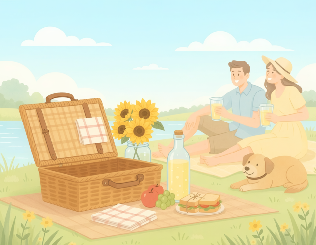 Illustration of a summer picnic scene beside a lake, with an open wicker picnic basket, sunflowers in a jar, lemonade, sandwiches and fruit on a blanket, a couple relaxing with drinks, and a golden retriever lying nearby.